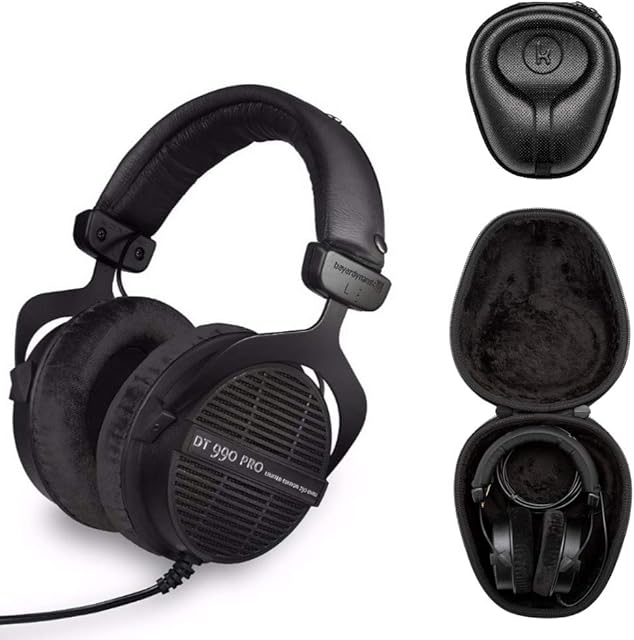 beyerdynamic DT 990 PRO Studio Headphones (Ninja Black, Limited Edition) Bundle with Hard Shell Headphone Case (2 Items)