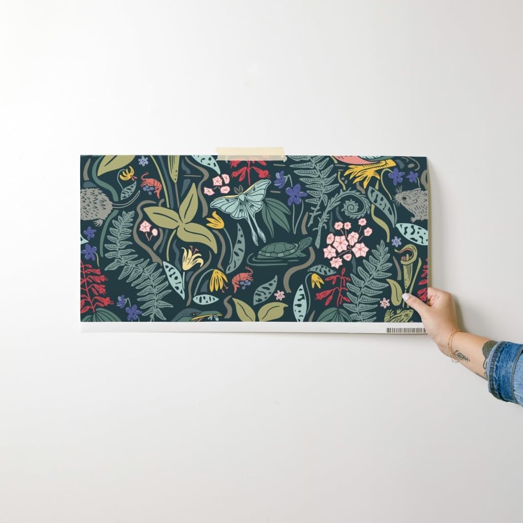 Spoonflower Removable Wallpaper Swatch - Maximalist Botanical Nature Floral Woods Forest Wetland Plants Frog Eno Moth Cicada Custom Pre-Pasted Wallpaper