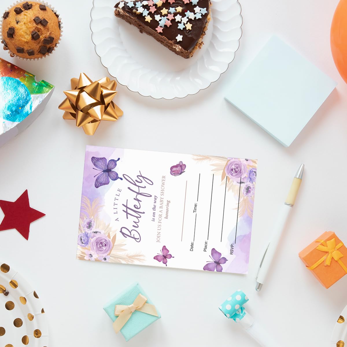 EUDOSI Butterfly Baby Shower Invitations Supplies Fill-In Set of 20 with Envelopes a Little Butterfly is on the Way Baby Shower Invites Cards, Double Sided