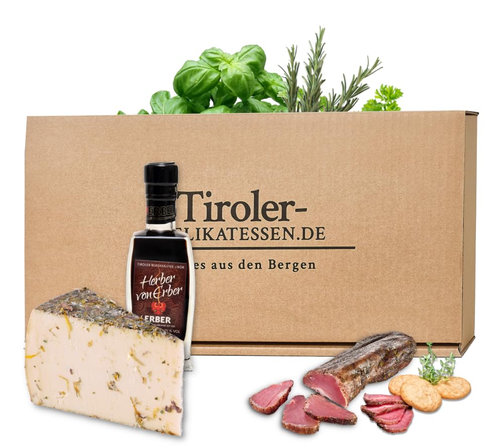 Almgourmet - Geschenkset "Köstliche Kräuter" - 520g +0,2l - Delikatessen aus den Bergen - mit Filet, Käse und Schnaps