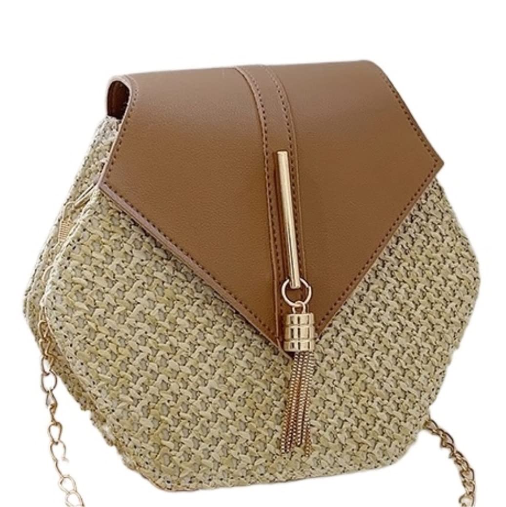Stroh Strandtasche Handtasche Frauen Sommer Rattan Tasche Handgemachte Gewebte Strand Kreis Umhängetasche Gewebte Tasche Strohtaschen Damen(Khaki)