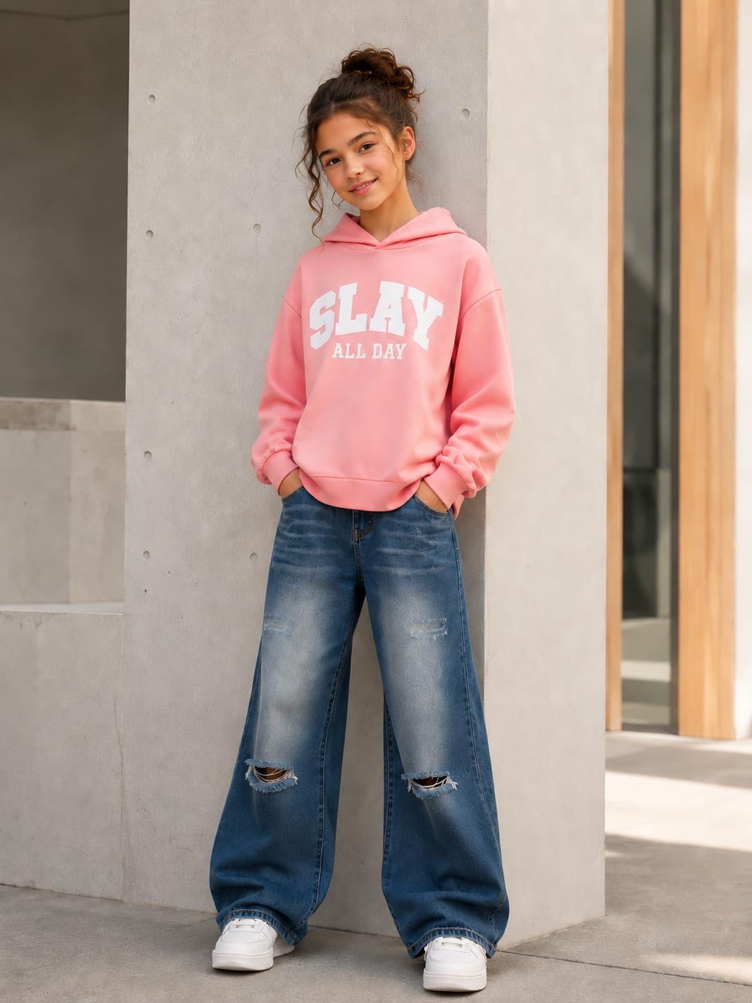 Tween Girls Clothes 2 Piece Outfits Hoodie Sweatshirt & Wide-Leg Jeans Pants Fall Winter Clothing Set image 2