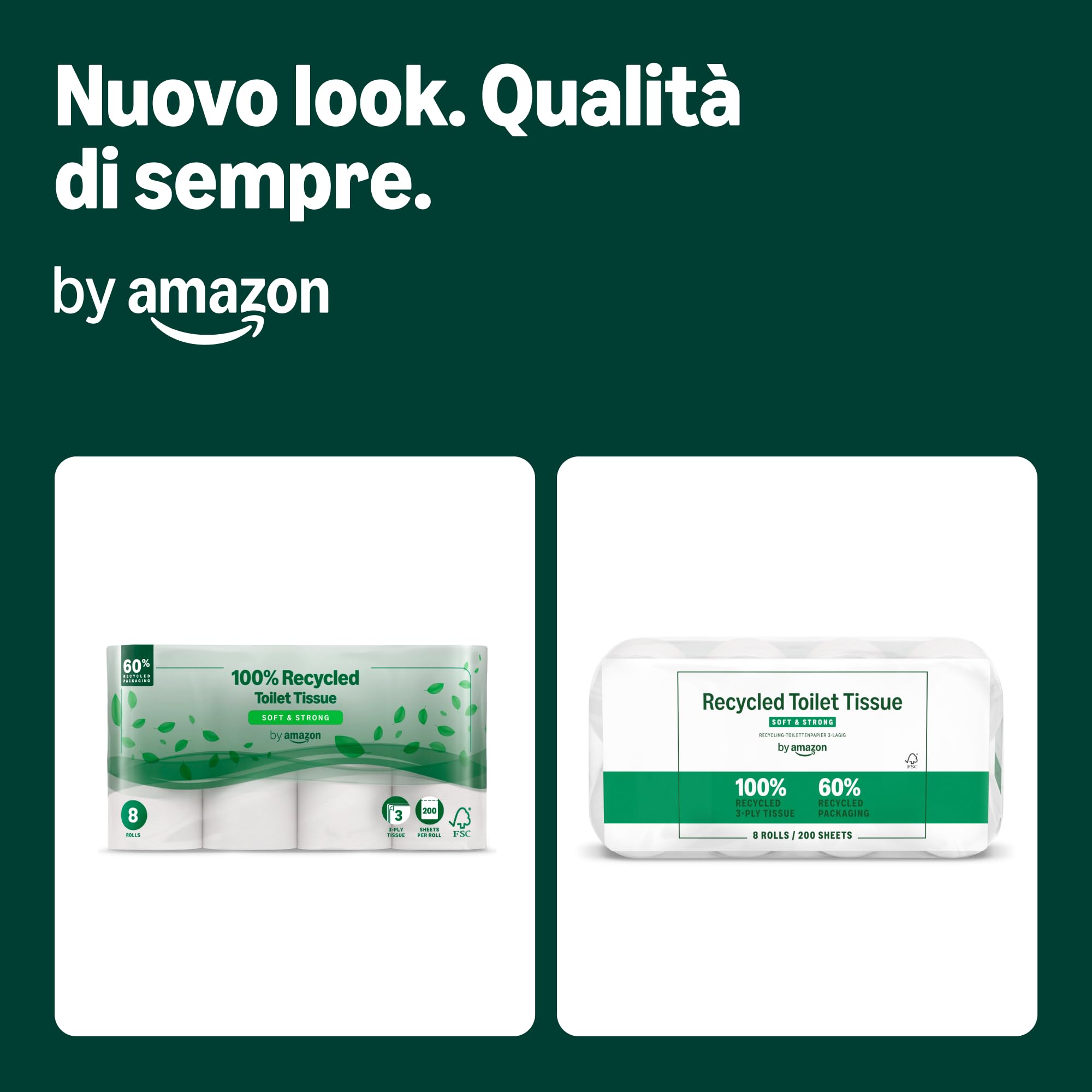 by Amazon, Carta Igienica Riciclata, 100% Fibre Riciclate, 3 Veli, 200 Strappi, 48 Rotoli (6 Confezioni da 8), Certificata FSC