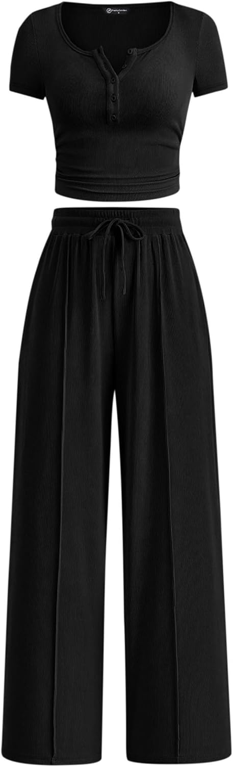 PRETTYGARDEN Womens 2 Piece Outfits Summer 2026 Ribbed Knit Button Short Sleeve Tops Casual Wide Leg Pants Lounge Sets