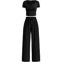 PRETTYGARDEN 2 Piece Outfit Ribbed Crop Top Wide Leg Pants Set