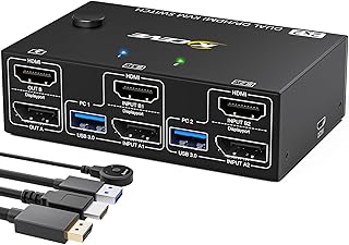 USB 3.0 Dual Monitor KVM Switch Displayport HDMI 2 Port, KVM Switch 2 Monitors 2 Computers 4K@60Hz, KVM Switch Dual Monitor with 4 USB 3.0 Port for 2 Computers Share Mouse, Keyboard and Monitor