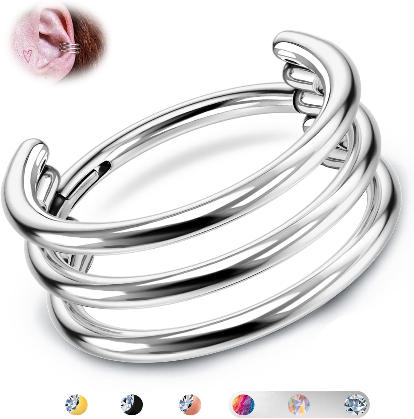 BodyBonita G23 Titanium Cartilage Earring Hoop Stacked Clicker 16G CZ Double/Triple Septum Rings Conch Piercing Jewelry Tragus Daith Helix Nose Rings Hoops for Women Silver/Gold Plated 8mm 10mm 12mm