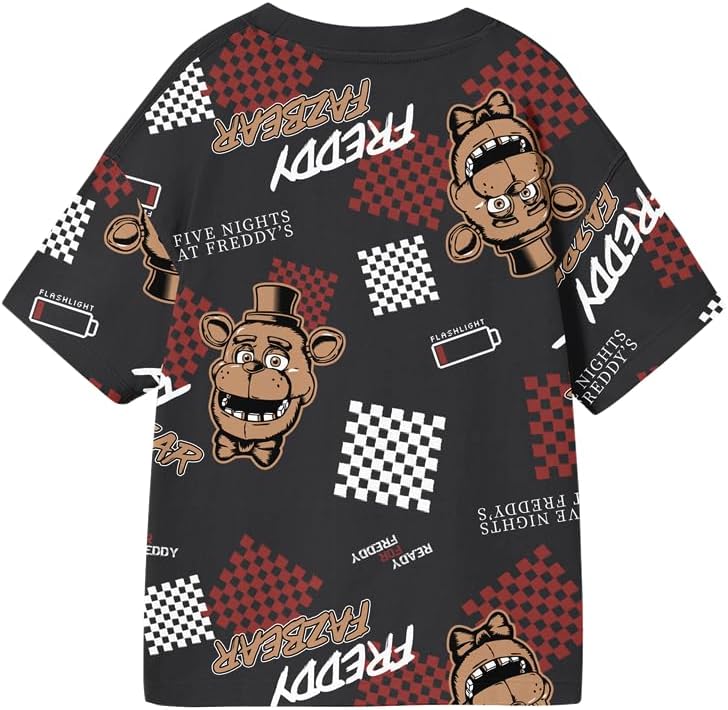Five Nights At Freddy's Low Battery & Checkered Squares All-Over Print Youth Black Crew Neck Short Sleeve T-Shirt - Image 3