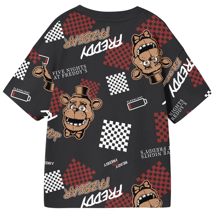 Five Nights at Freddy's Low Battery & Checkered Squares All-Over Print Youth Black Crew Neck Short Sleeve T-Shirt3