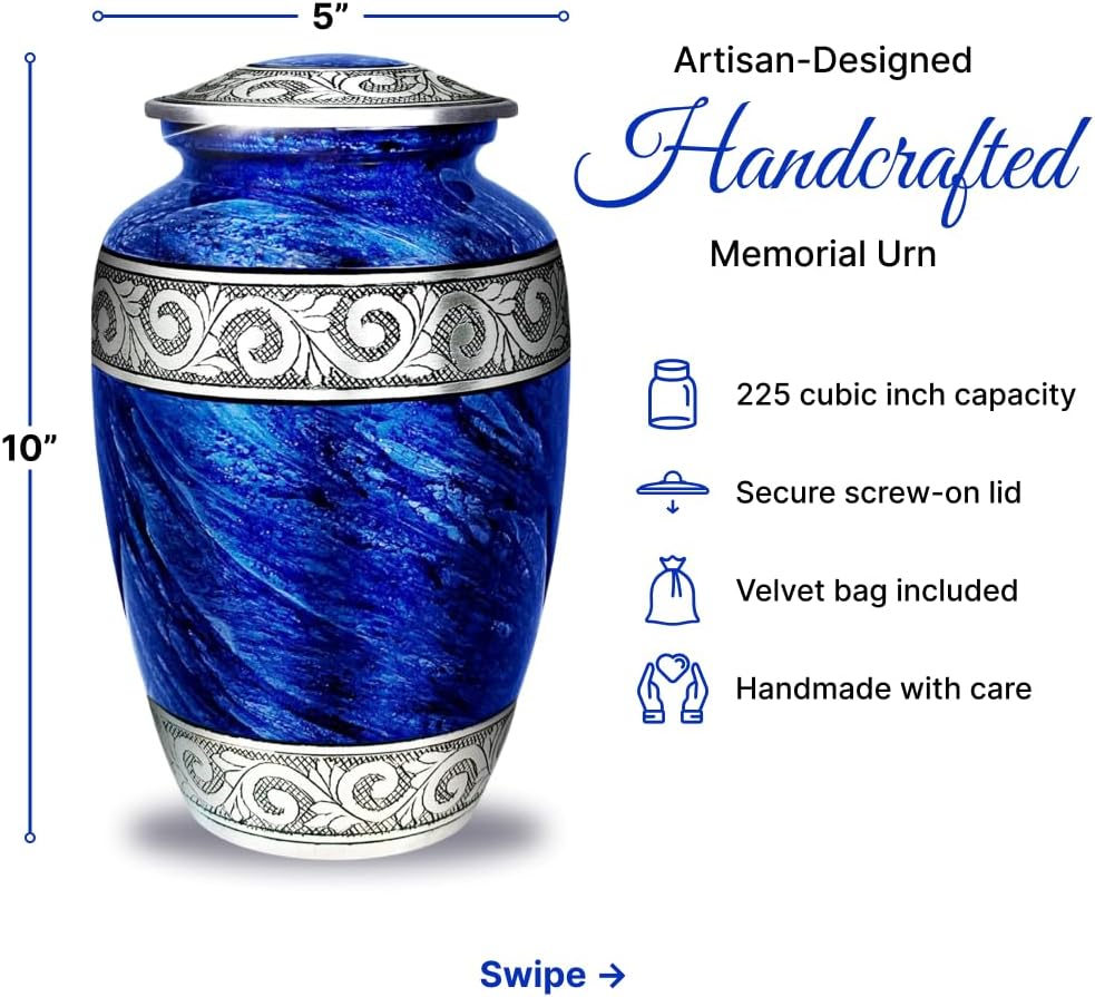 Set of 2 Eternal Blue Cremation Urn for Human Ashes – Adult Male & Female 1 Large Urn with 1 Memorial Necklace - Image 2