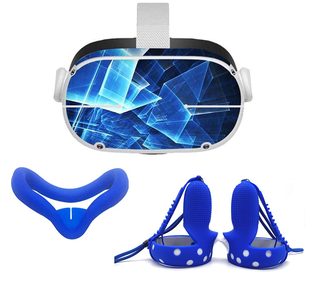 Set 3-in-1 Compatible with Oculus Quest 2/Meta Accessories: Anti-Leakage Face Cover + Non-Slip Grip Covers + Stickers | Sweatproof Anti-Dirty Virtual Reality Decal Skin (Space Blue)
