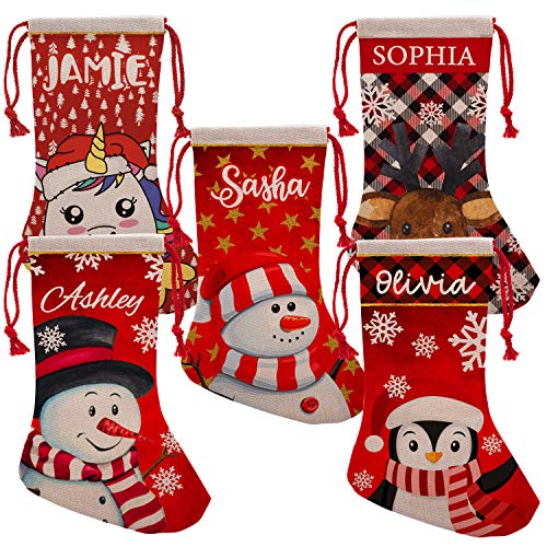 Set of 5, Personalized Christmas Stockings w/ 9 Patterns | 12 Font - 16 inches Custom Name Stockings, Reindeer, Penguin, Santa, Unicorn, Snowman, Fireplace, Gift for Family