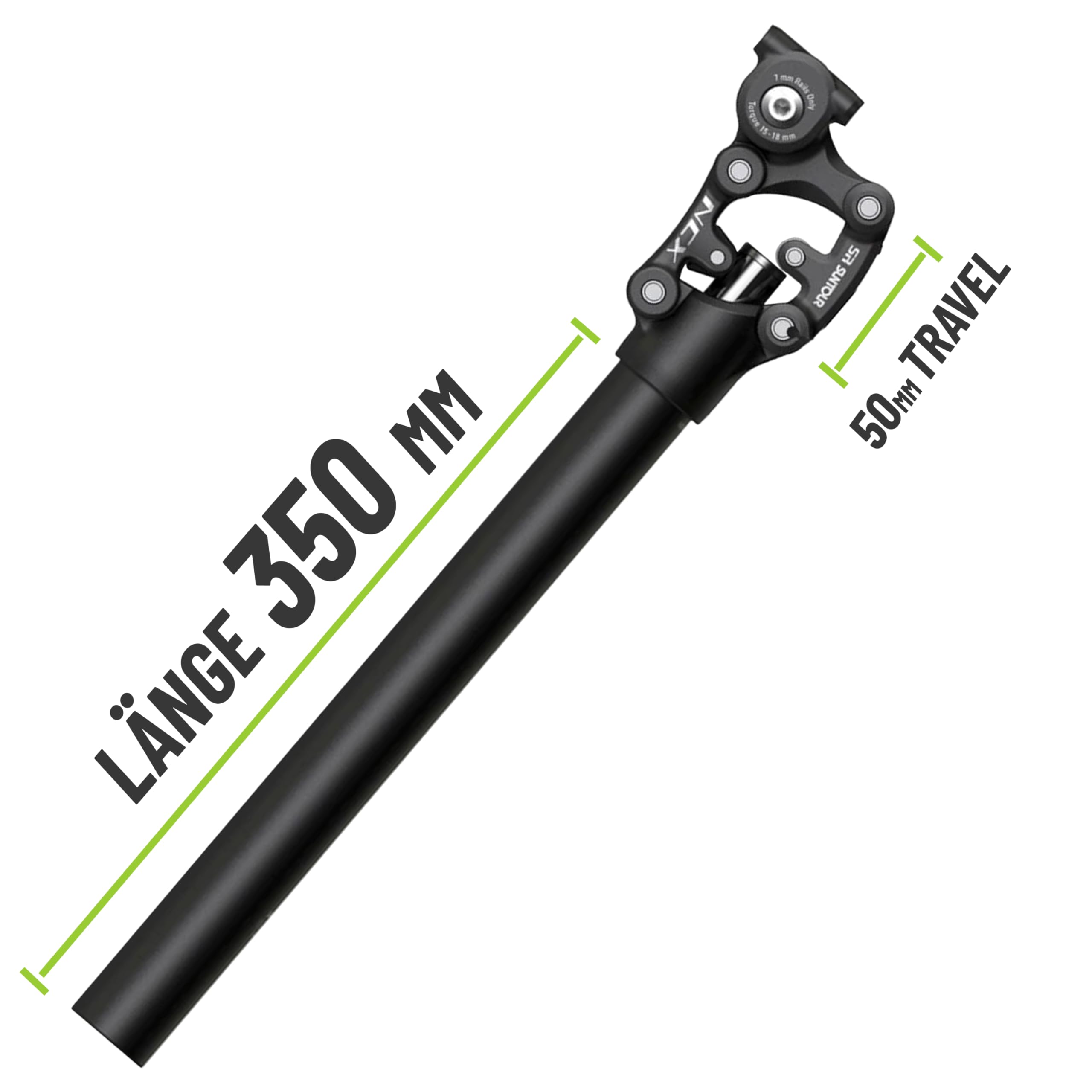 Suntour Federsattelstütze SP12-NCX Durchmesser 27,2mm, Länge 350mm,Gewicht bis 70kg, 65-95kg, 95-120kg Parallelogramm inklusive Brunox Deo und MSZweirad Reflexband