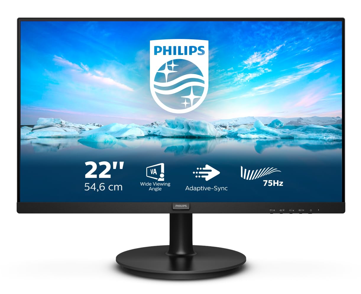 Philips 221V8LD - Monitor FHD da 22", 75 Hz, 4 ms, VA, Adaptive SYNC, Flickerfree (1920 x 1080, 250 CD/m², VGA/HDMI/DVI)
