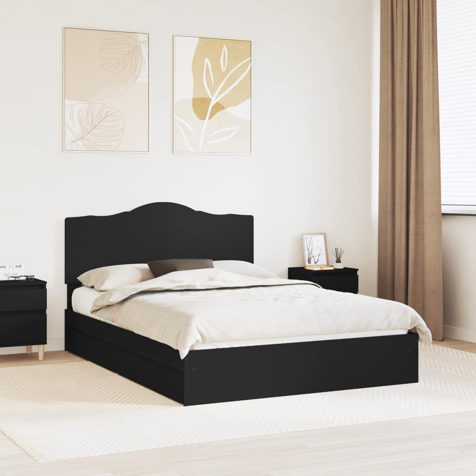 vidaXL Storage Bed with Headboard Black 150 x 200 cm Engineered Wood, Modern, Rectangular Bed Frame for Stylish Sleeping Space, Durable Engineered Wood Platform, Customized Width Solution