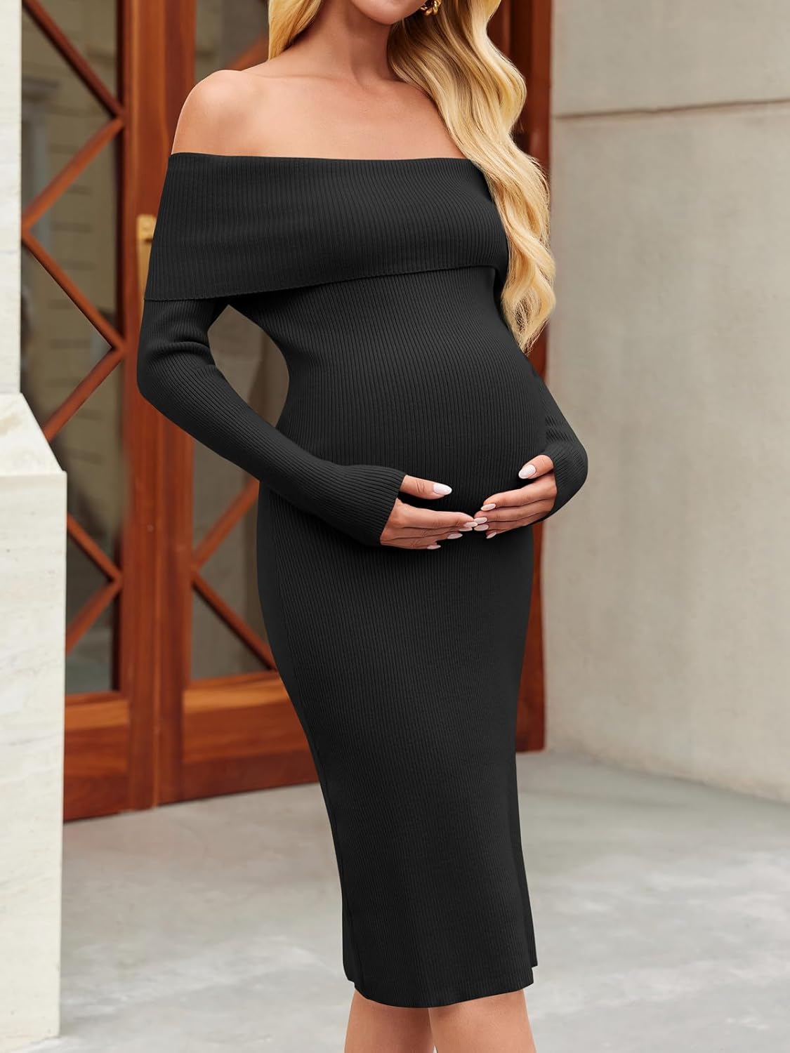 Yousify Womens Maternity Sweater Dresses Off Shoulder Long Sleeve Knit Bodycon Midi Dresses for Baby Shower Photoshoot - Image 3