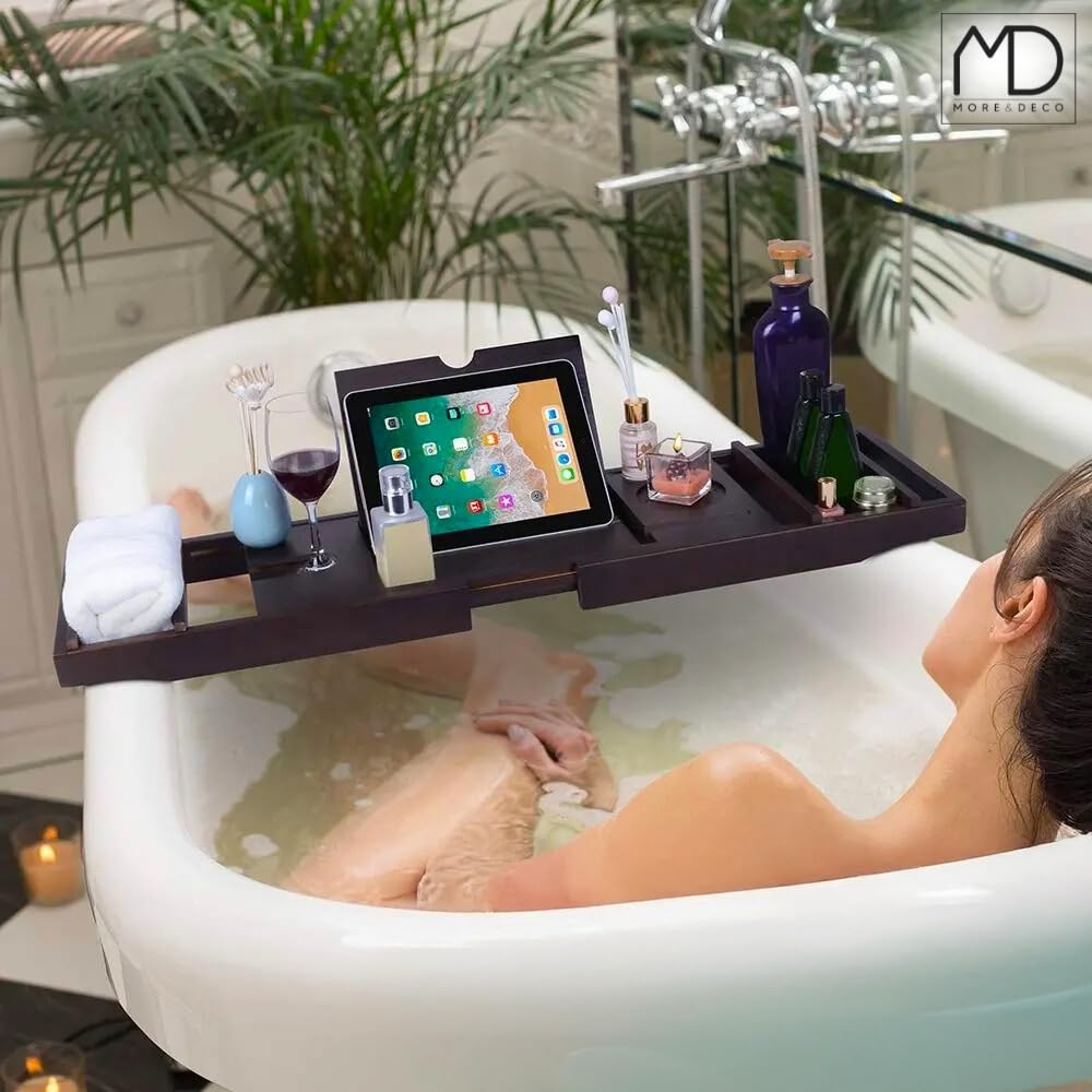 ZOLTA Badewannenablage - Badewannenbrett mit Tablet- oder Buchhalterung - Badewannentablett mit Halterung für Weingläser & Becher - Home Wellness - Badewannenablage aus Bambus Holz - 75-110 x 23 cm