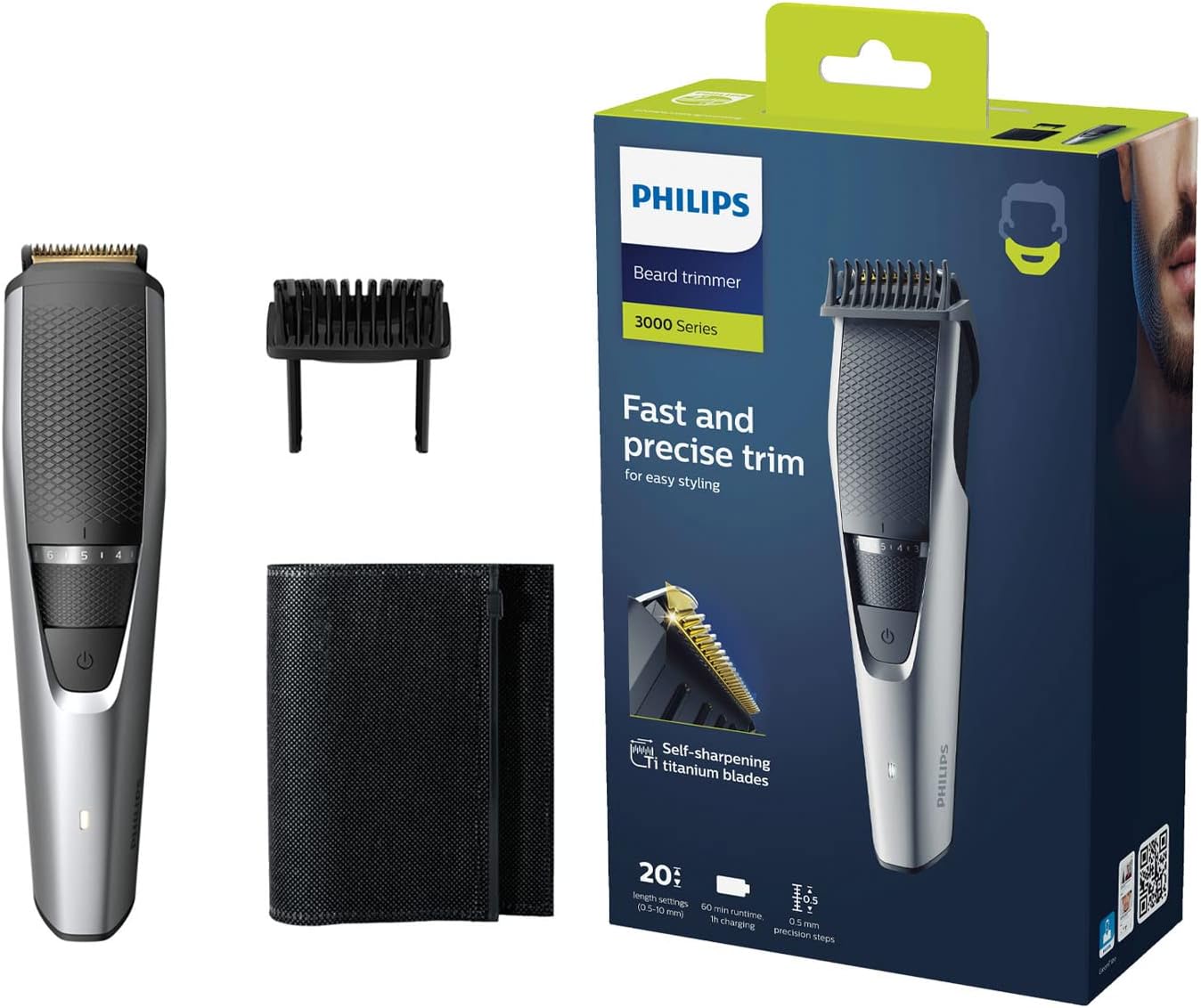 Philips Beard & Stubble Trimmer/Hair Clipper for Men BT3222/13, Series 3000, 20 Length Settings, 60 Min. Runtime, Self-Sharpening Metal Blades, UK 3-Pin Plug, Silver