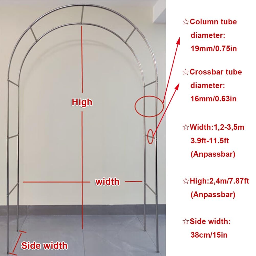 Arco de jardín de acero inoxidable, enrejado resistente a la intemperie de 8 pies para decoración al aire libre, cenador de rosas duradero y soporte para plantas trepadoras para paisajismo de jardín y