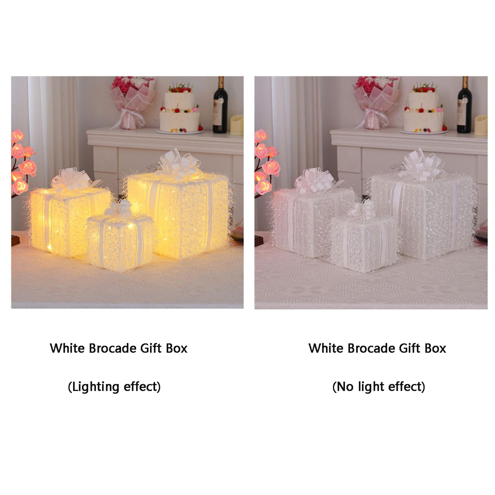 ozdoby świąteczne, Pudełko prezentowe LED na Boże Narodzenie, 3 sztuki, z pilotem i 8 trybami, białe, 15-25 cm(White Brocade Gift Box,Colorful)