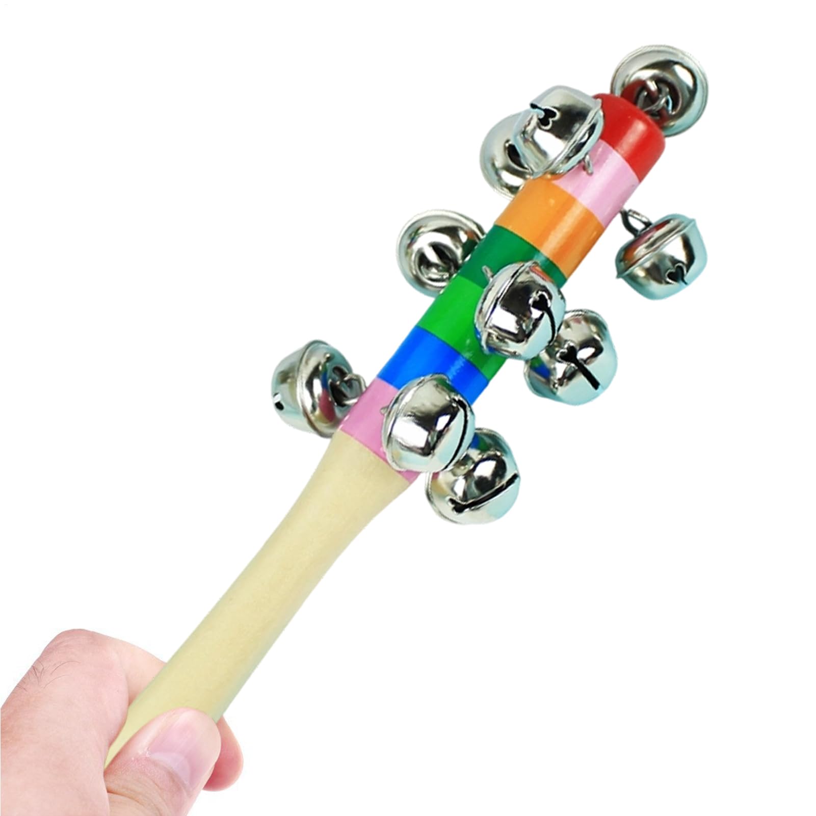Jingle Bells For Kids - 19.5cm Colourful Retro Wooden Jingle Bell Stick, Rainbow Shaker Rattle, Wooden Handle Musical Toy, Easy Grip, For Boys Girls Ages 2 + Early Childhood Education Holiday Party
