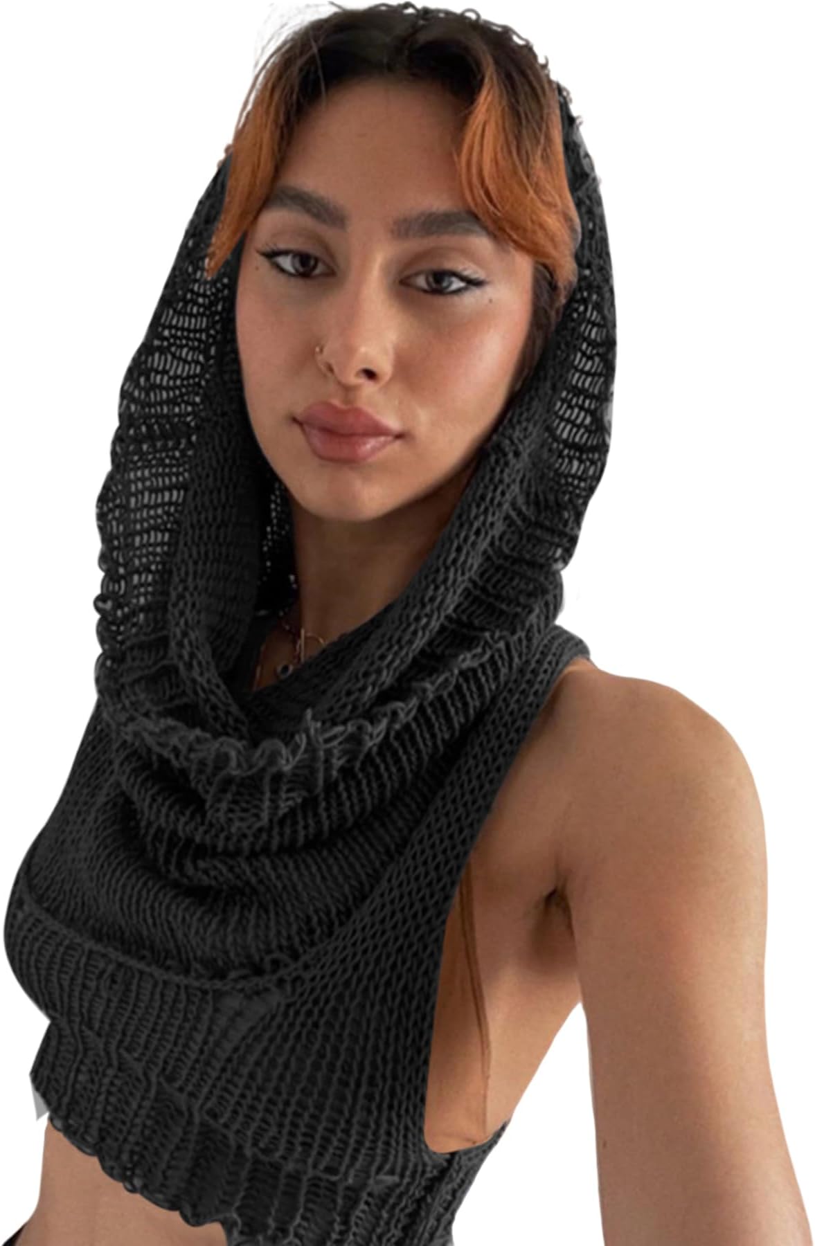 Women Knitted Hoodie Sweater Vest Sexy Sleeveless Hollow Out Hooded Crop Top Streetwear Rave Oufit