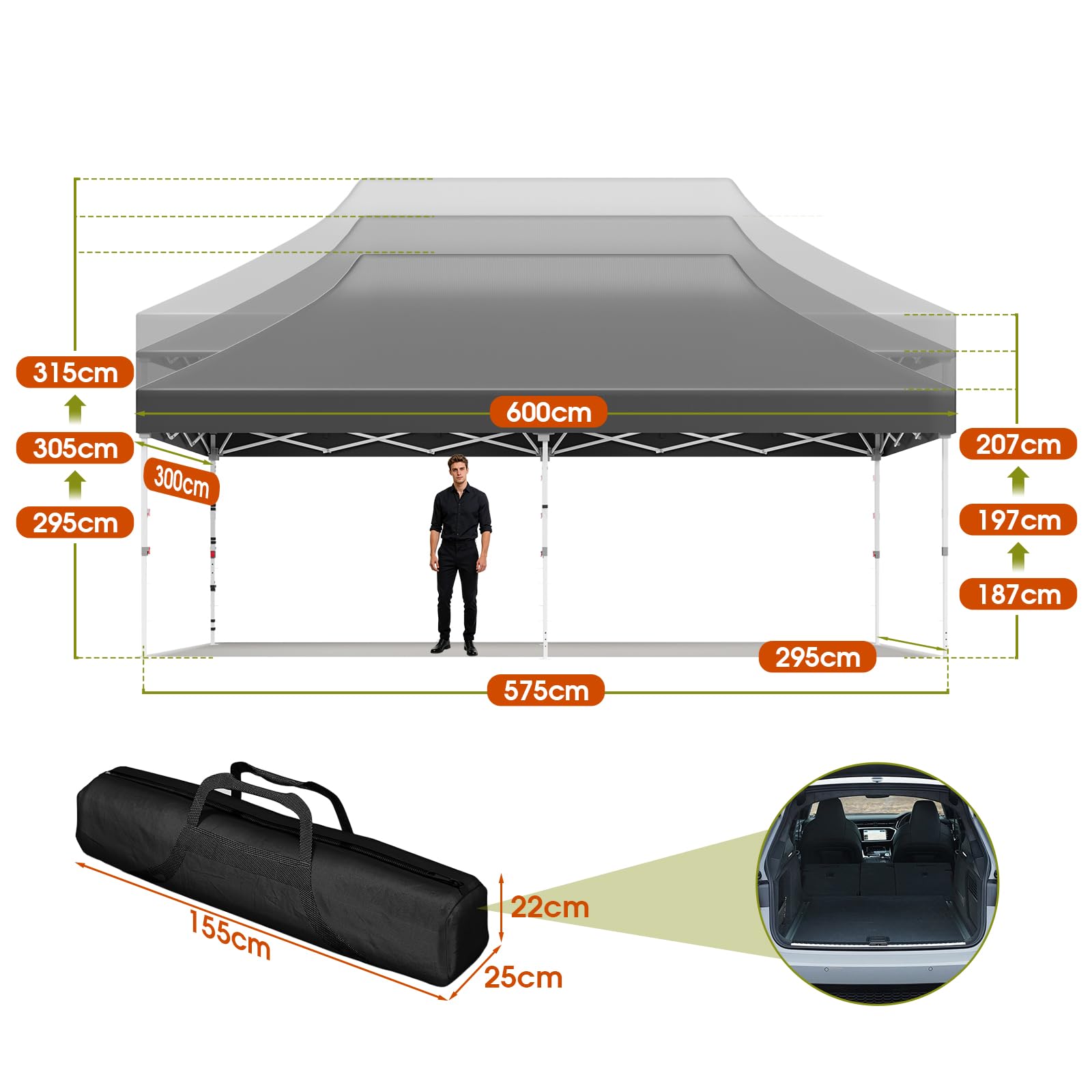 JUMMICO Gazebo pieghevole 3 x 6 con punta alta, prestazioni di protezione antipioggia migliorate del 60%, UV 50+, gazebo 3x6, impermeabile, stabile, resistente all'inverno, riparo con pareti laterali
