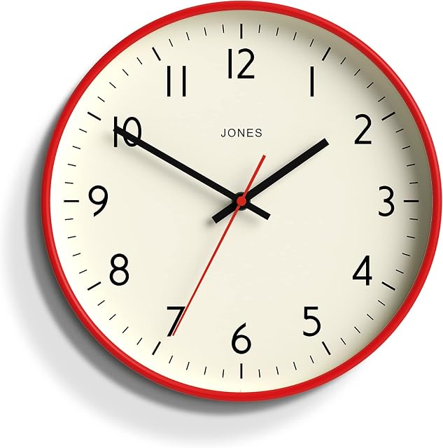 Jones Clocks® Studio Round Wall Clock - Round Clock - Modern Clock - Designer Clock - Kitchen Clock - Living Room Clock - Office Clock - Easy to Read Dial - Contemporary Design - 30cm Red