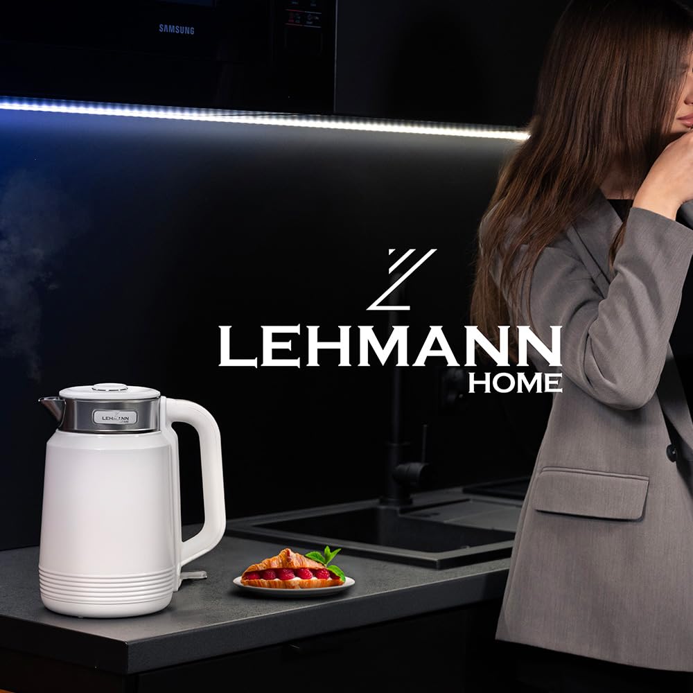 LEHMANN Bollitore Elettrico in Acciaio Inox, 2 L, 2200 W, Riscaldamento Rapido, Doppia Parete, Base Girevole 360°, Spegnimento Automatico, BPA‑free, ideale per Famiglie e Uffici, Bianco