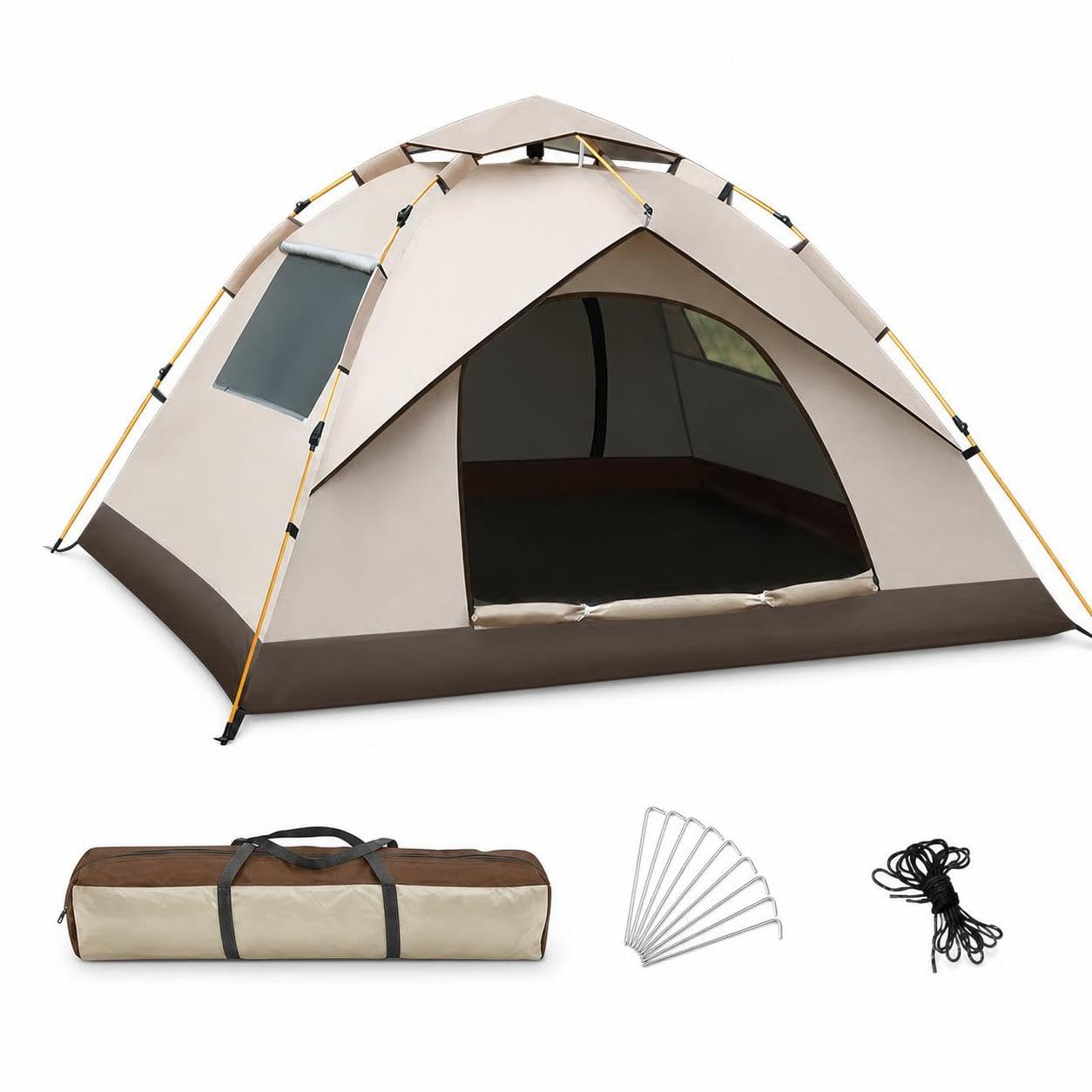 Campingzelt Wasserdicht Schnell, Oxford-Gewebe | Fenster - Fiberglasgestänge, 1000-1500mm Wassersäule | für, Silberbeschichtung Sandgold, Zwei Türen Zwei Fenster, Einzelzelt, 2-3 Personen