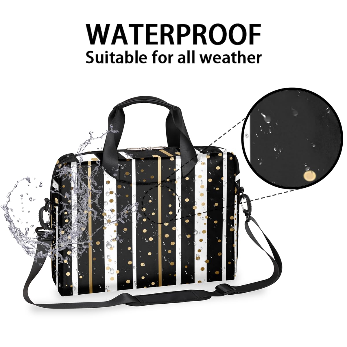 Borsa per computer portatile da 15,6 pollici da 16 pollici con linee a pois dorate, custodia per computer portatile, impermeabile, borsa a tracolla per donne e uomini, Nero