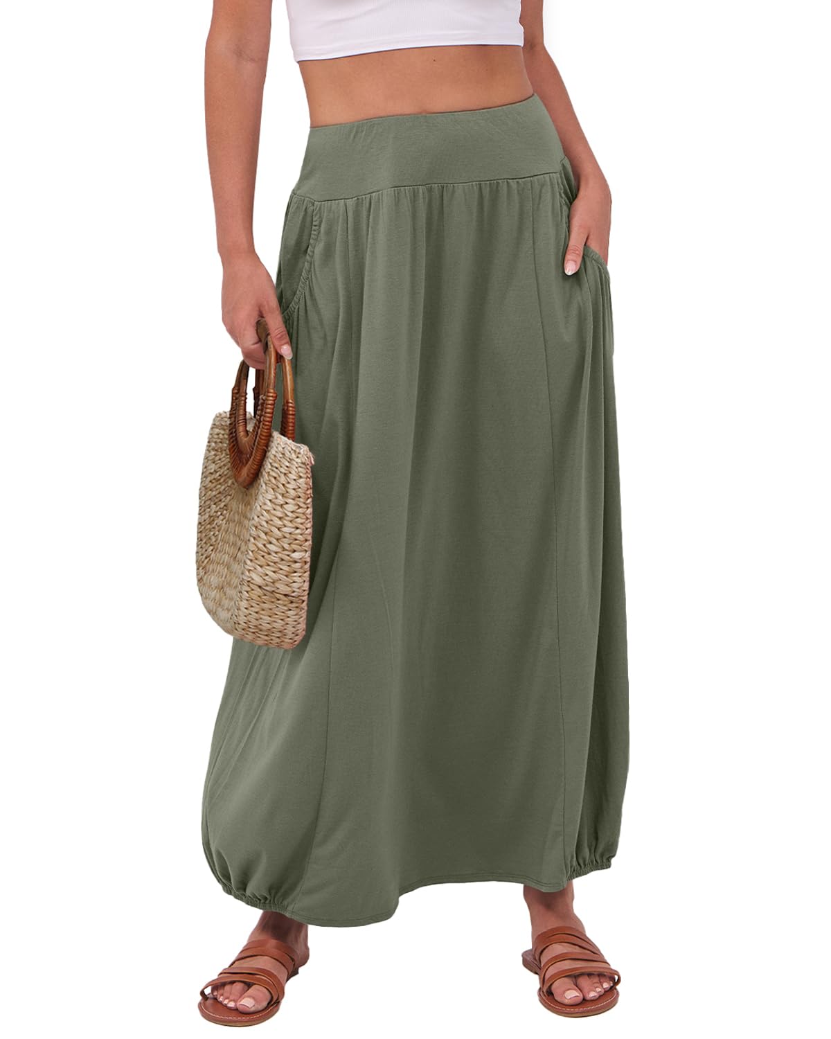 ANRABESSWomen's Summer Long Maxi Skirts 2025 Trendy Ankle Length High Waisted Boho Flowy Beach Skirt with Pockets Fashion