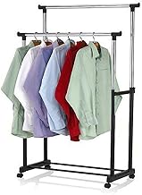 Dripex Clothes Rail, Double Adjustable Height Mobile Tidy Rack Garment Rack Heavy Duty Clothing Rail on Castor Wheels,with Hanging Rail and Shoe Shelf, Black