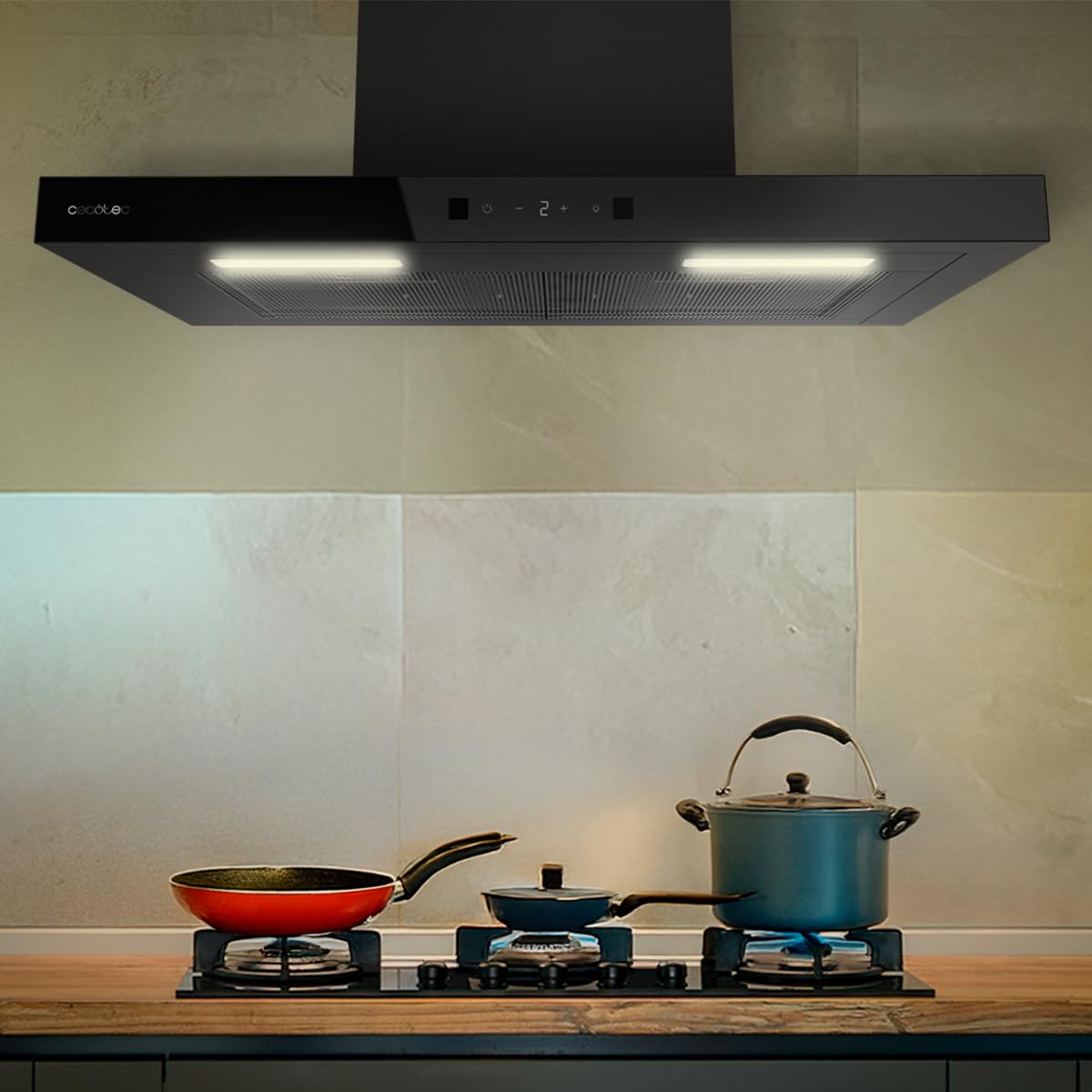 Cecotec T-förmige Dunstabzugshaube 60cm Bolero Flux, 413,3 m³/h, Energieklasse A++, Bewegungssteuerung, Booster mit hoher Effizienz und innovativer Technologie für moderne Küchen