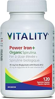 VITALITY Power Iron + Organic Spirulina 120 Veg Capsules (120 Days) - Boosts Energy with Iron Bisglycinate, Vitamin B12, Folic Acid, Vitamin C to Build Blood, Boost Energy