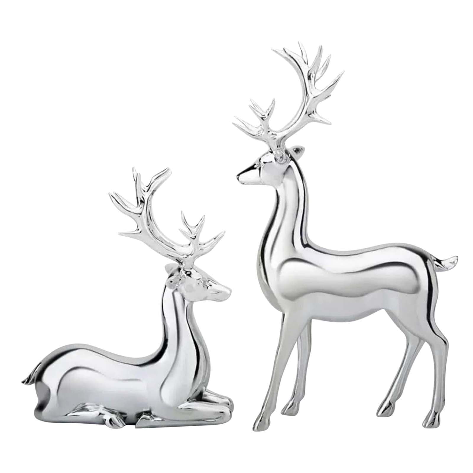 2Pcs Reindeer Christmas Decorations, A Pair of Reindeer Figurines- Shiny Electroplated Metal Surface, Non-Fading, Christmas Deer Ornaments for Living Room, Bedroom, Bookshelf, Desktop，Silver