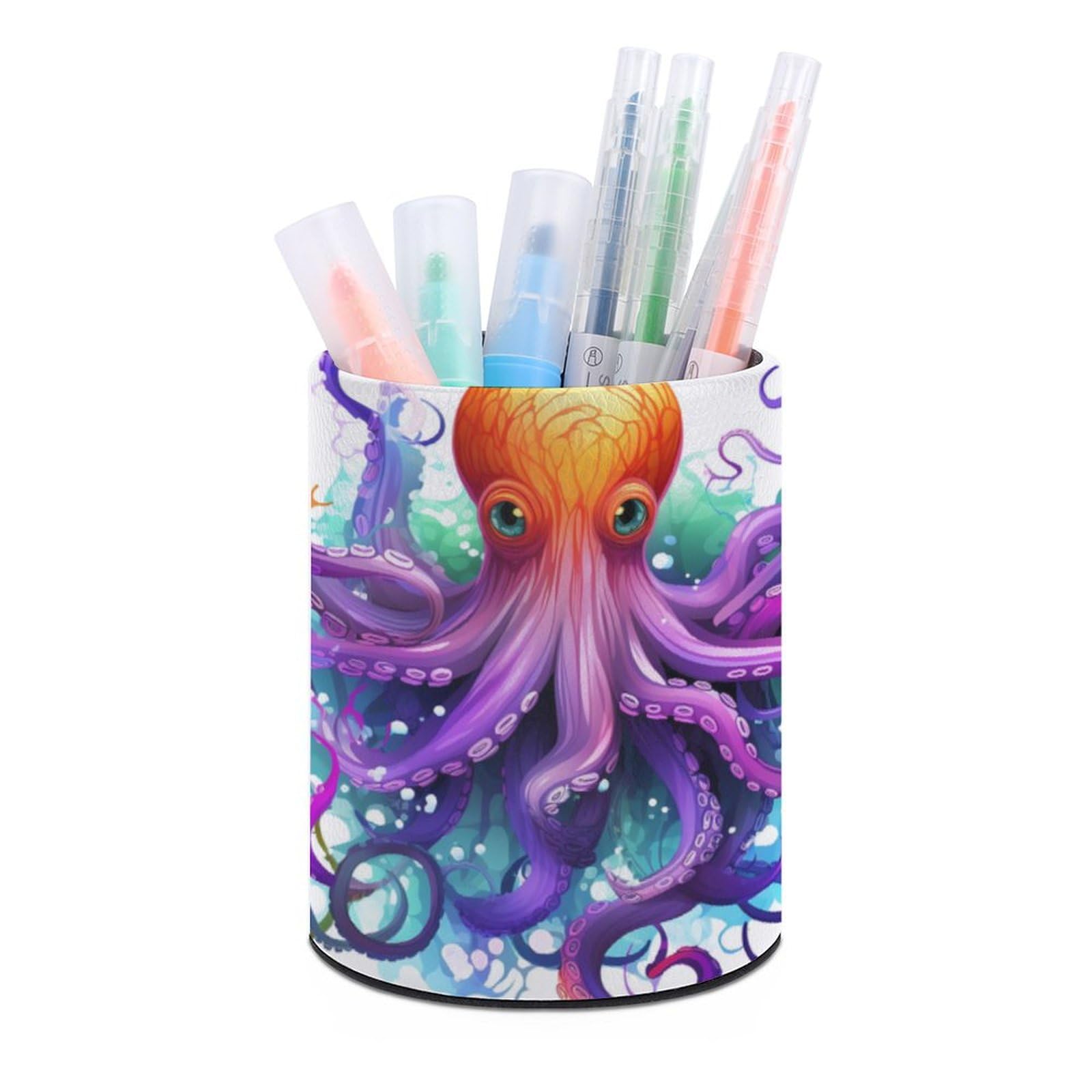JTREHY Round Pen Holder,Colorful Octopus Printed Makeup Brush Storage Box Desktop Stationery Storage Cup Office Accessories Storage Box Pencil Storage Box for Home Office Dressing Table