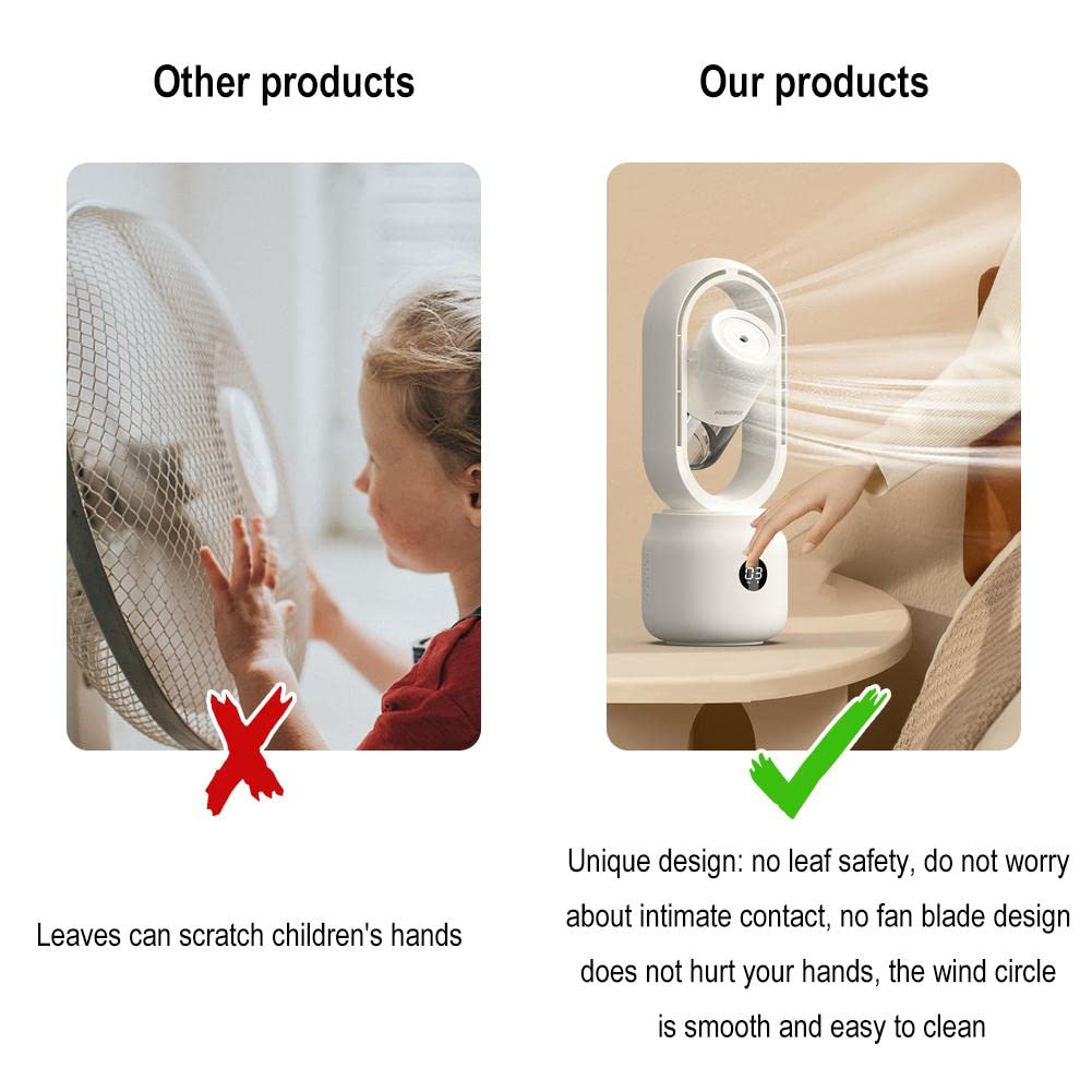 Ventilatore senza pale, condizionatore d'aria ricaricabile 3 in 1, ventilatore portatile, ventilatore da tavolo, display a LED con circolazione a 360° con luce notturna, ventilatore raffreddatore d'ar