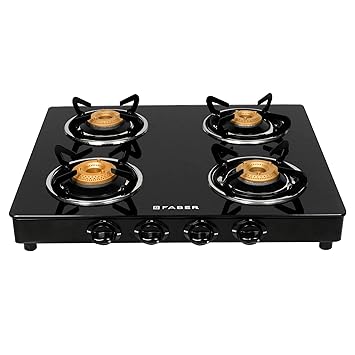 Faber Glass Top 4 Burner Gas Stove with Powder Coated Pan Support (Hob Cooktop Daisy 4BB BK),2 Medium & 2 Small,Manual Ignition, Black