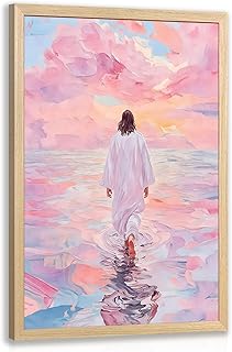 FASWQ Wood Framed Jesus Wall Art, Pink Jesus Walking On Water Wall Decor, Minimalist Religious Savior Canvas Painting, Modern Christian Bible Aesthetic Picture for Church Hospital Prayer Areas 12"x16"
