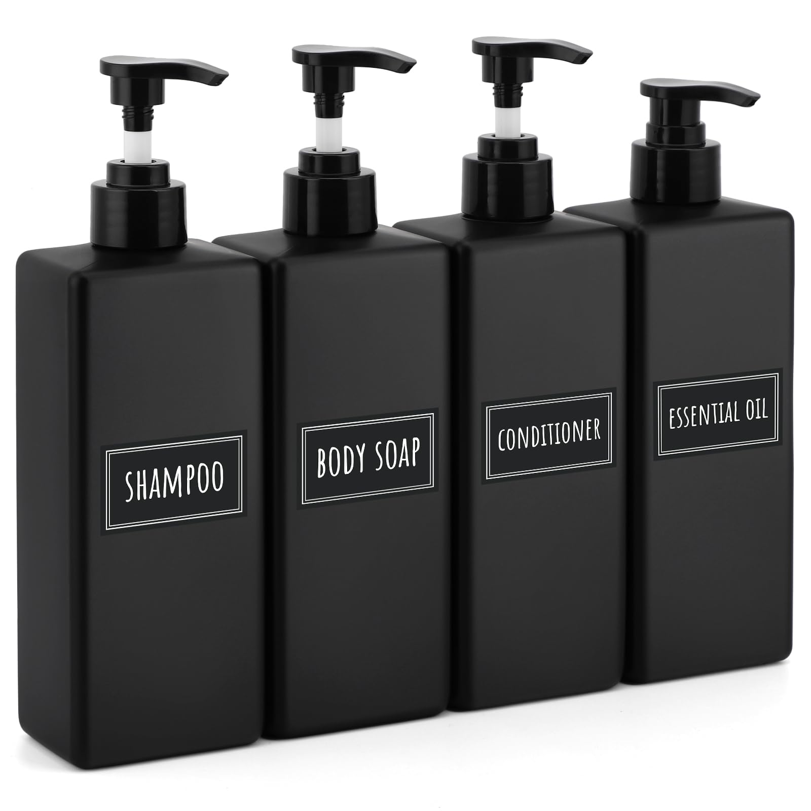 Segbeauty Bathroom Soap Dispenser Set 4 Pack of 16 9oz Shower Bottles Refillable with Labels 500ml Plastic Square