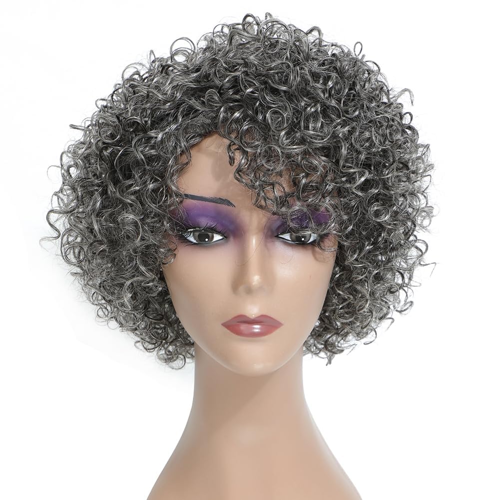 Morichy Grey Wigs for Senior Women Short Curly Human Hair Wigs for women Real Hair Mixed Kinky Curly Wear and Go Glueless Wig Ombre Gray 8 Inch Short Wig for Older Women Daily Use