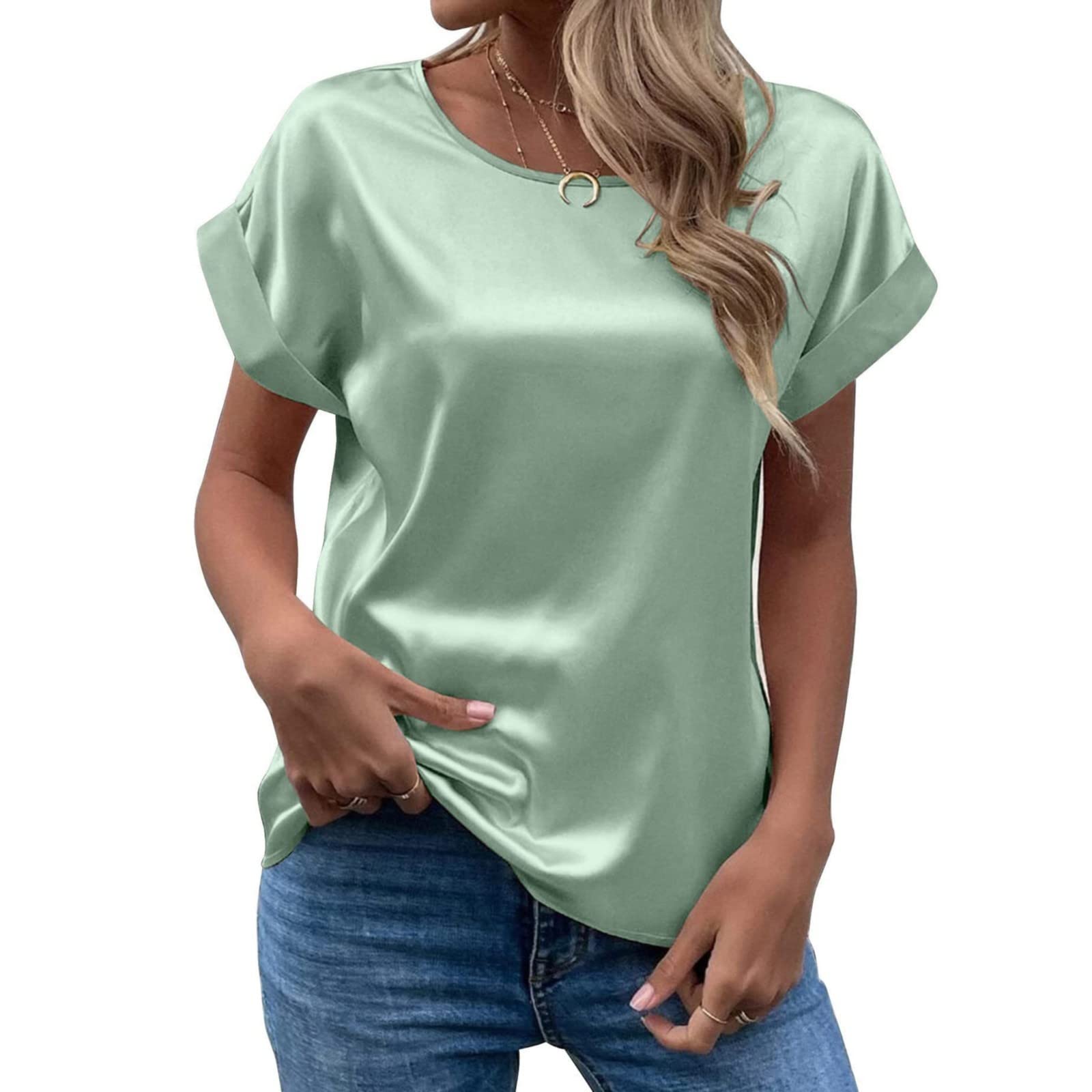 Women's Short Sleeve Satin Blouses Casual Loose Crewneck Silk Shirts Roll Up Sleeve Tunic Tops S-XXL(GN2,XX-Large)