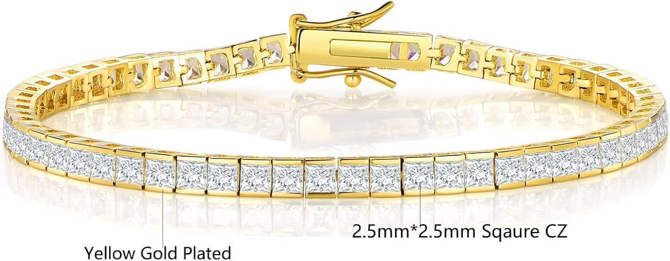 Gemsme 2.5 * 2.5mm Square Tennis Bracelet, 2.5mm Thin 18K White/Yellow Gold Plated Square Cubic Zirconia Tennis Bracelet for Women - Image 2