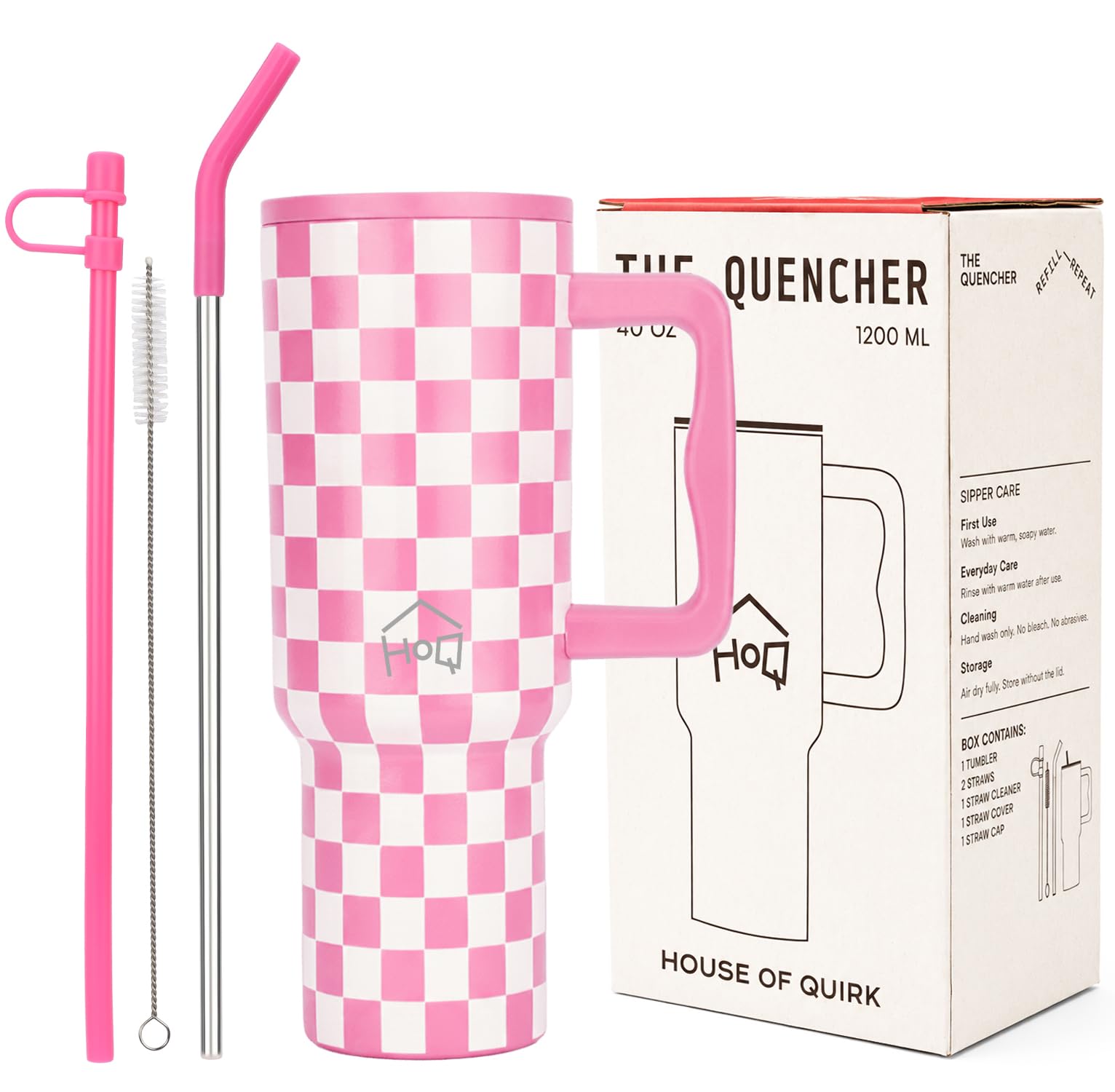 House of Quirk 1200ML Stainless Steel Tumbler with Handle & Lid, 2 Straws – Large Travel Mug Water Cup for Gym, Office & Outdoor Use (Pink Check)