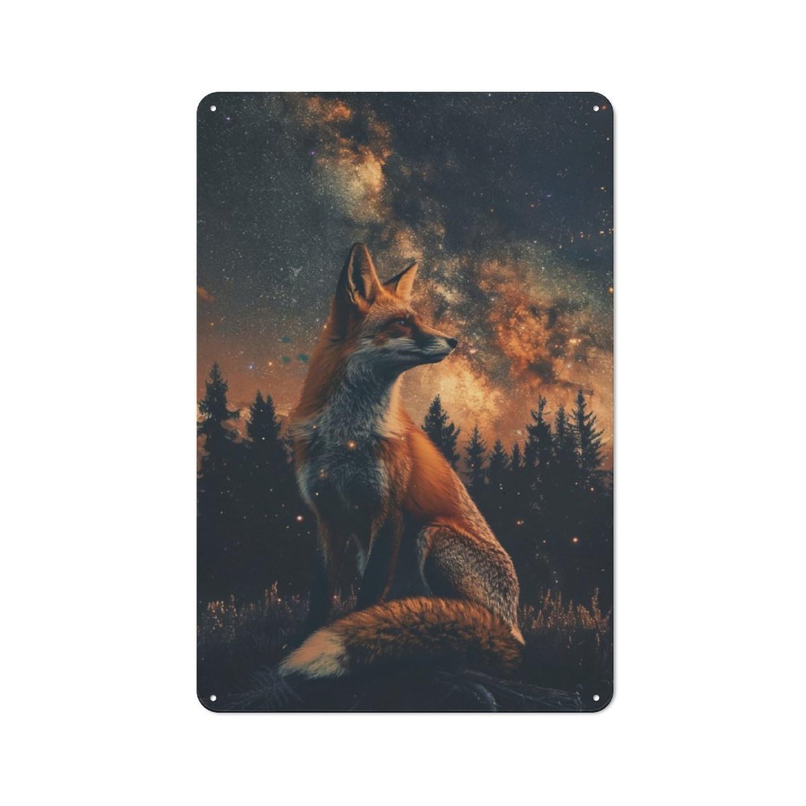 Junmoney Fox In Forest With Meteor Vintage Printed Metal Sign 30X20cm For Workshop Wall, A Decorative Gift For A Newly Furnished Workshop