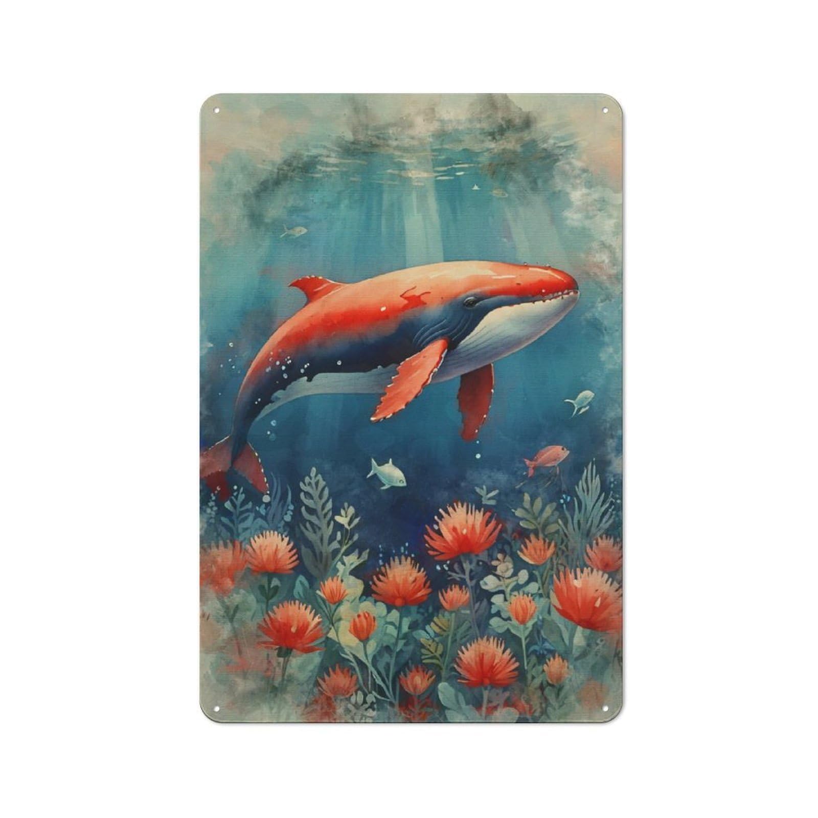 Junmoney Red Whale Underwater Rustic Metal Plaque 30X20cm For Dining Room Or Kitchen, A Housewarming Gift For Dining Room Decor Fans