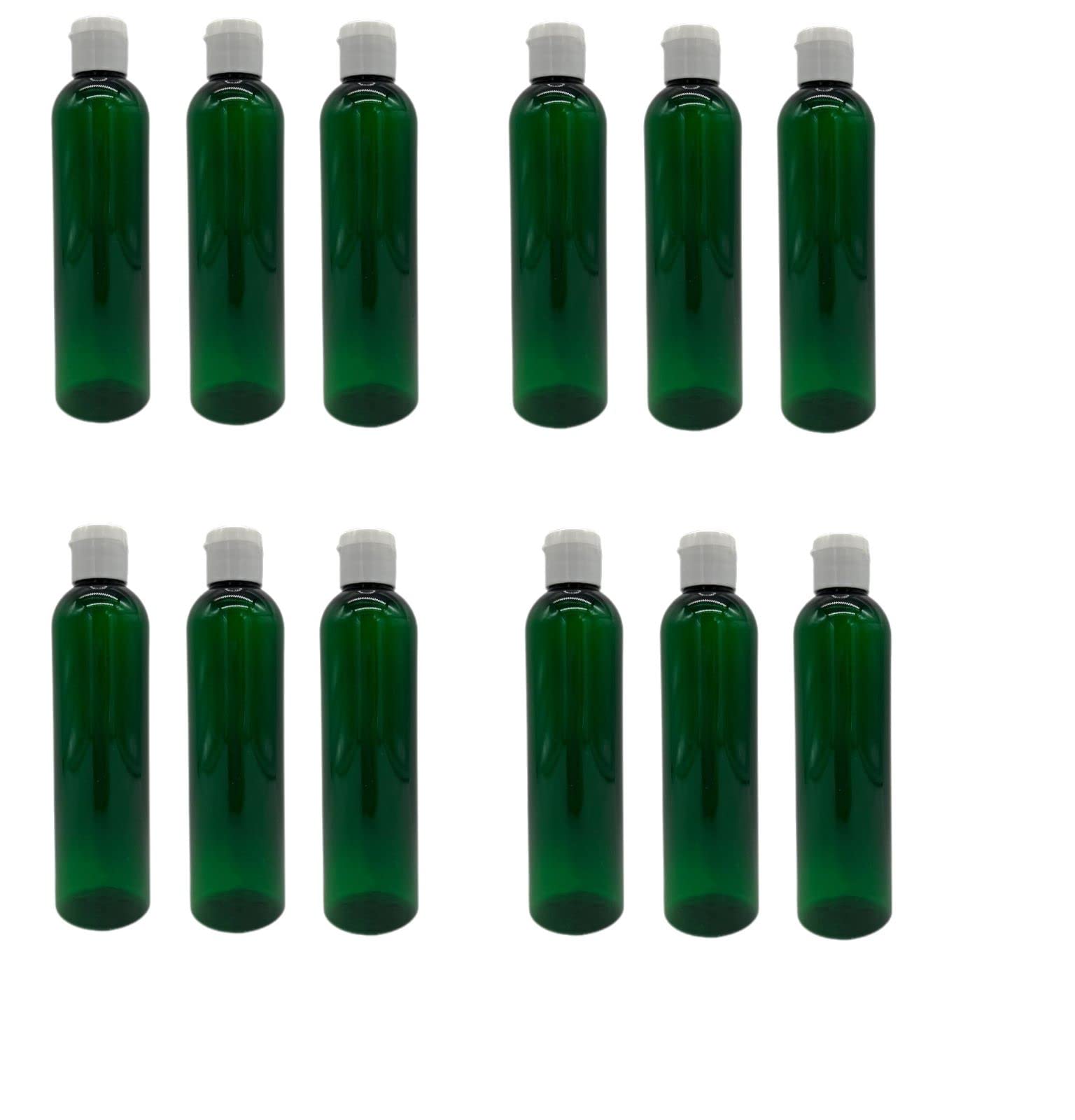 Natural Farms 8 oz Green Cosmo Plastic Bottles -12 Pack Empty Bottle Refillable - BPA Free - Essential Oils - Aromatherapy | White Flip Up Snap Cap -