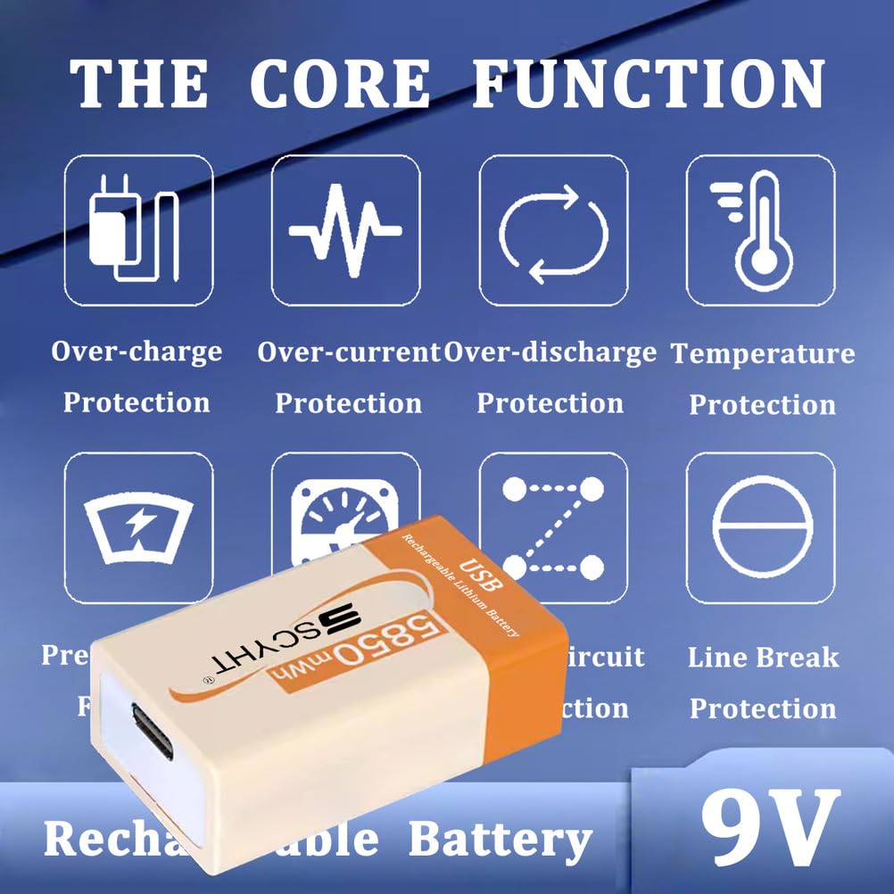 Baterie litowe USB 9 V Bateria zamienna 9 V Bateria litowo-jonowa do czujników dymu i radioodbiorników przenośnych Baterie 5850 mAh z kablem typu C,9v5850mah 2pack