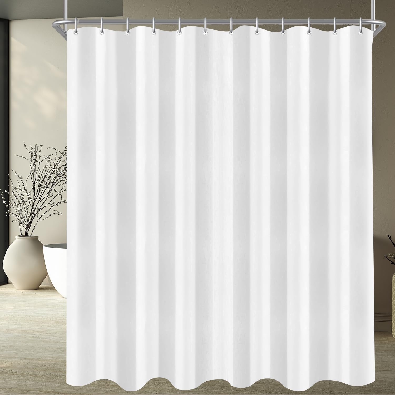 Lerores Shower Curtain, 200 x 160 cm, Pure White, Weighted Hem, Anti-Mould Textile, Water-Repellent, Washable Polyester Fabric Bath Curtains for Bathroom, Bathtub with 12 Shower Curtain Rings